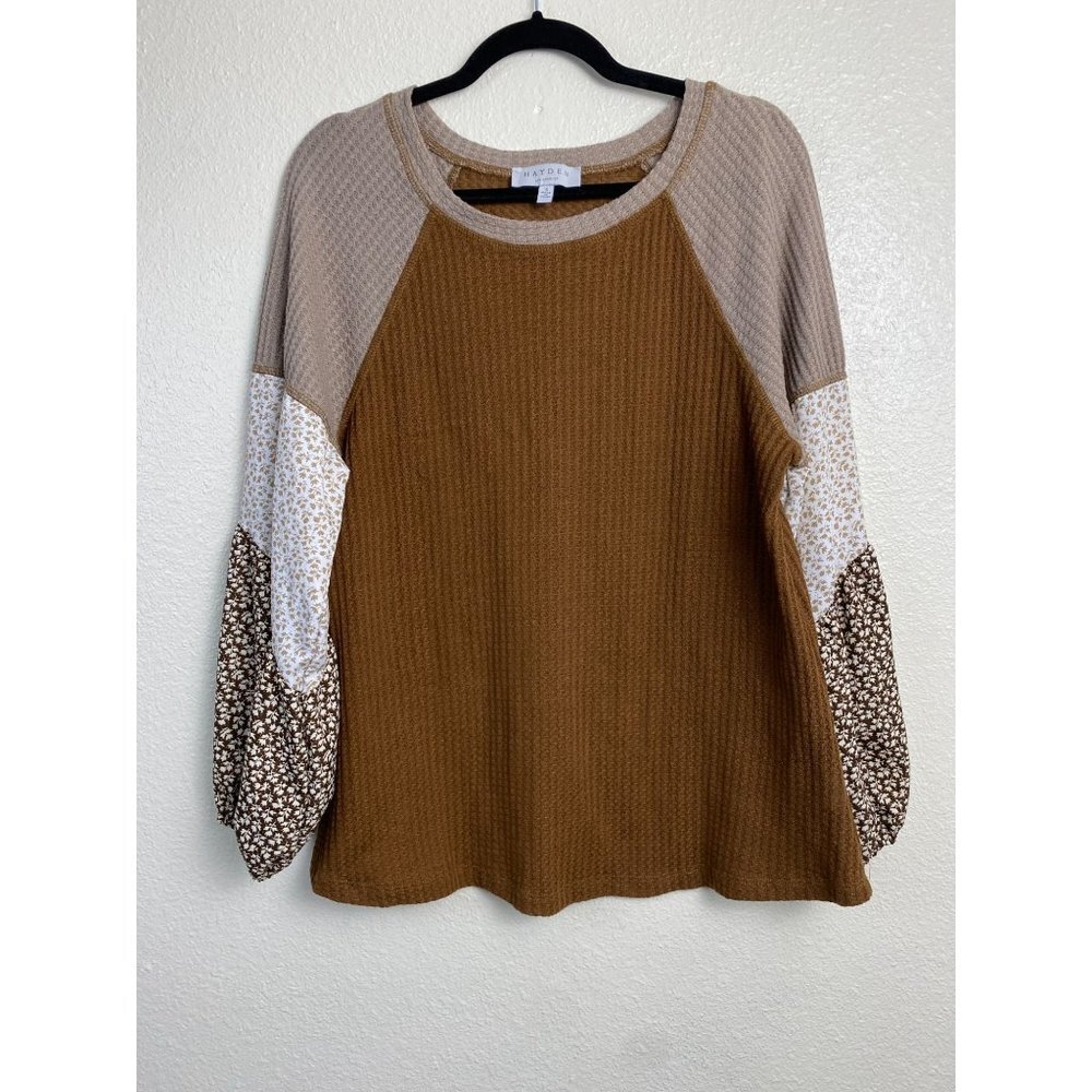 Hayden Floral waffle Knit Sweaters Womens size Small Brown Boho Peasant Preppy